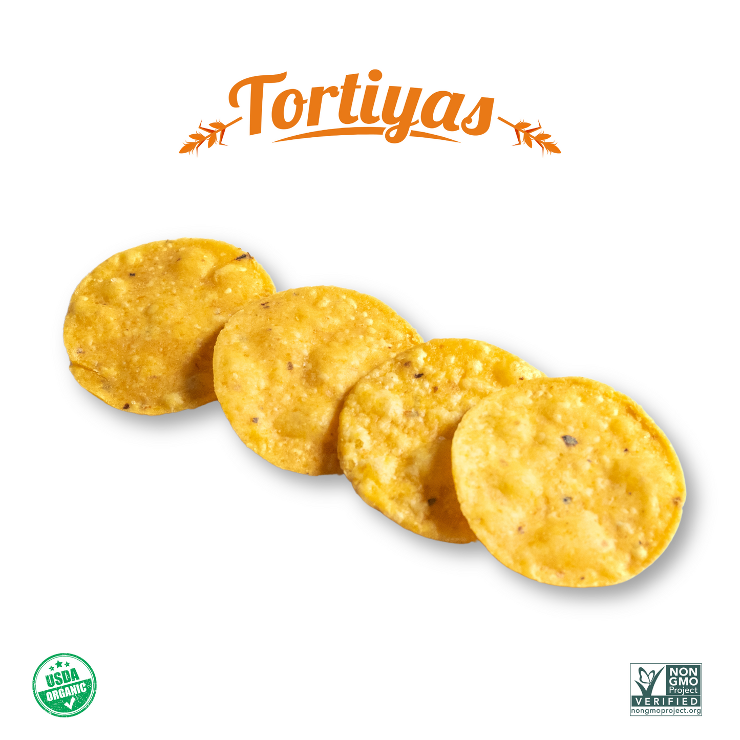 4 tortilla chips layered next to each other with the Tortiyas logo at the top of the image, the Non GMO Badge on the bottom right of the image, and the USDA organic badge on the bottom left of the image.