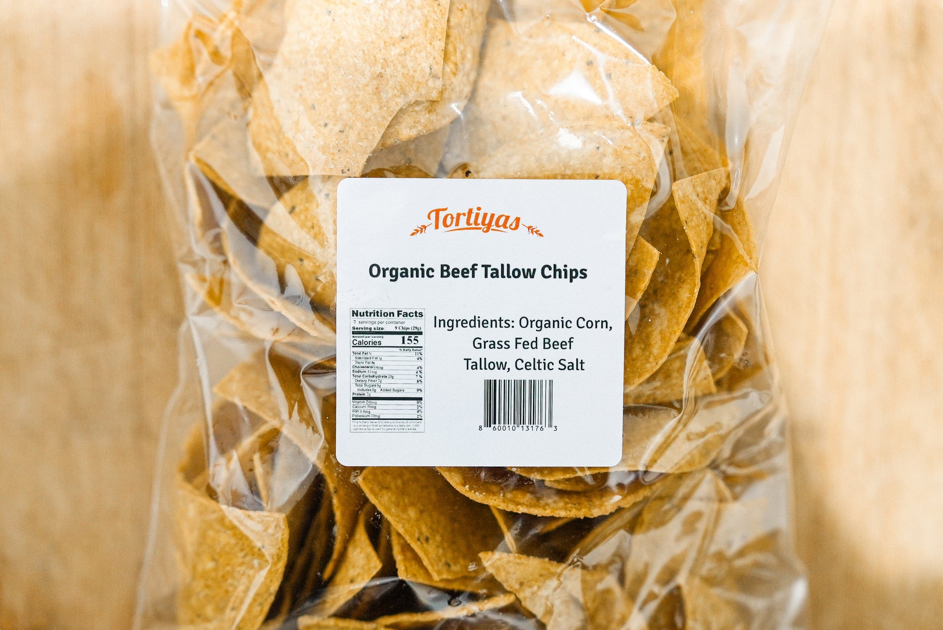 Tortiyas Organic Beef Tallow Chips Bag. Ingredients on the bag say organic corn, grass feed beef tallow, and celtic salt.